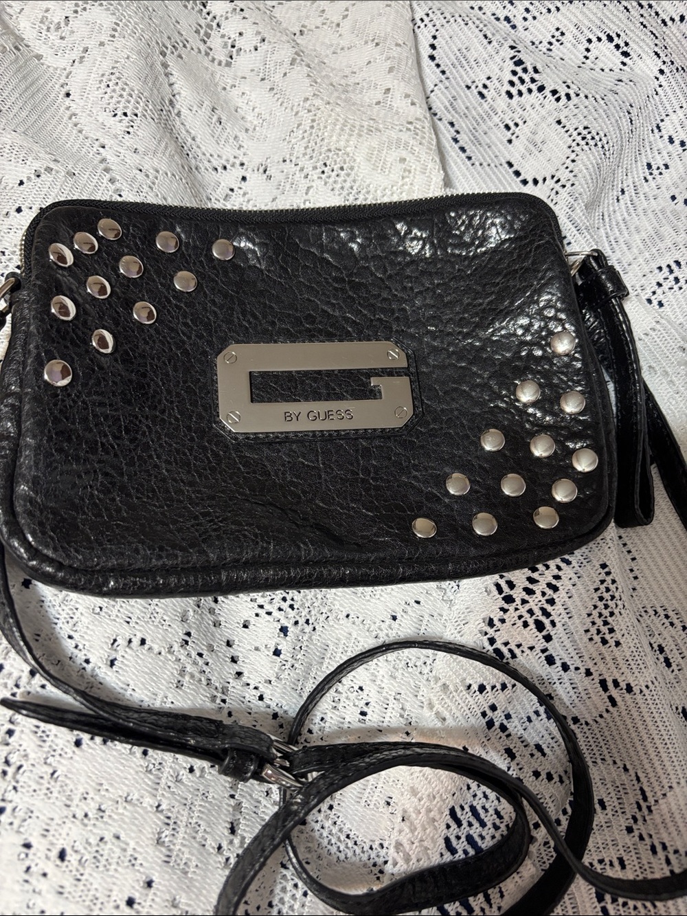 GUESS Black Leather Like Crossbody with Silver Stud Detail